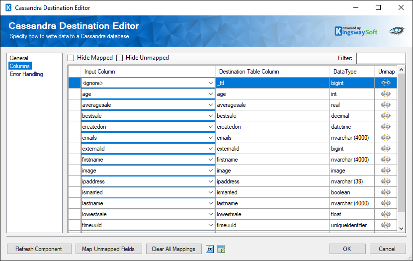 Cassandra Destination Editor - Columns